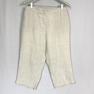 Kim Rogers 100% Linen Crop Pants Women 12 Beige Pockets Baggy Elastic Back 32x21